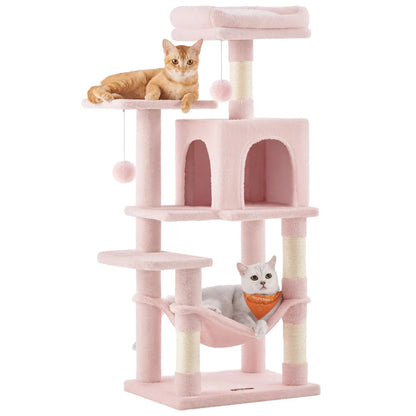 Pink Color Multi-Level Cat Tree Tower with Hammock and Cave