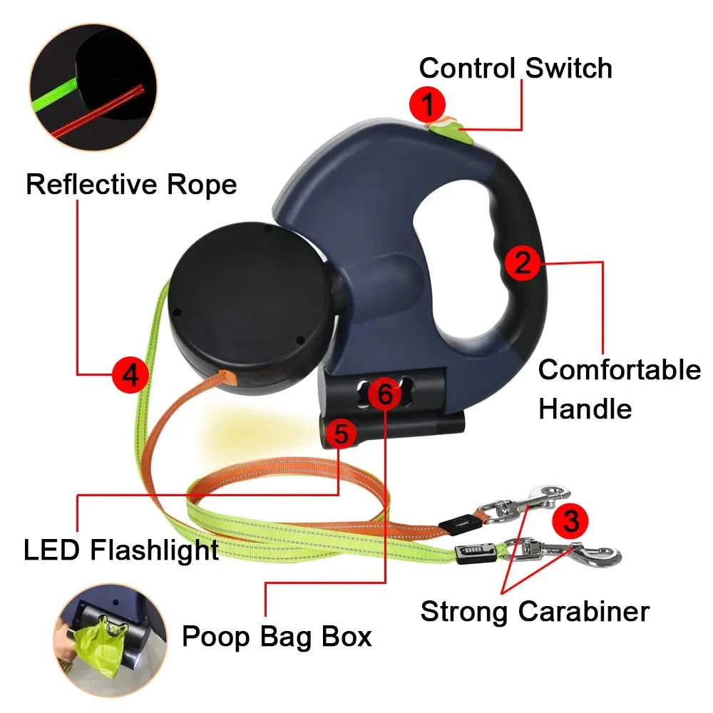 Retractable Dual Dog Leash With Lights For Small Pets